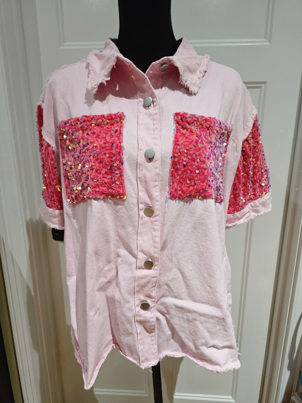 BiBi Pink Short Sleeve Button-Down Shirt with Sequin Patch Pockets